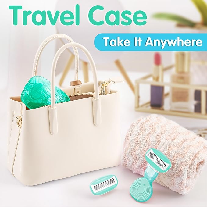 DreamGenius Travel Razors for Women Include 1 Handle and 5 Cartridges, Extra Smooth 5-Blade Travel Essentials Razor with Case for Shaving, Green