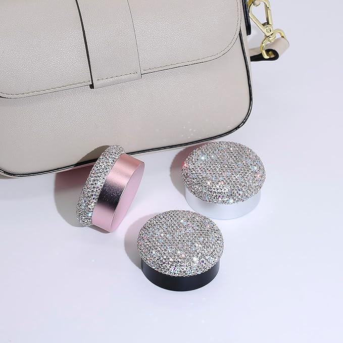 Small Pill Case 3 Compartments, Metal Round Portable Pill Box, Waterproof Travel Pill Organizer, Pocket Purse Medicine Vitamin Holder EDC Container (Silver with Rhinestone)