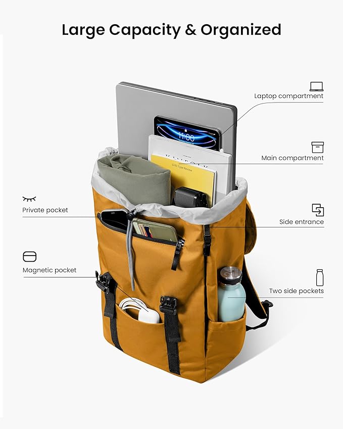 tomtoc Flap Laptop Backpack, Lightweight, Water-Resistant Casual Daypack, Durable Work-pack, Vintage Classic Rucksack for 13-15.6 Inch Laptop, perfect for Campus, Street, 22L Yellow