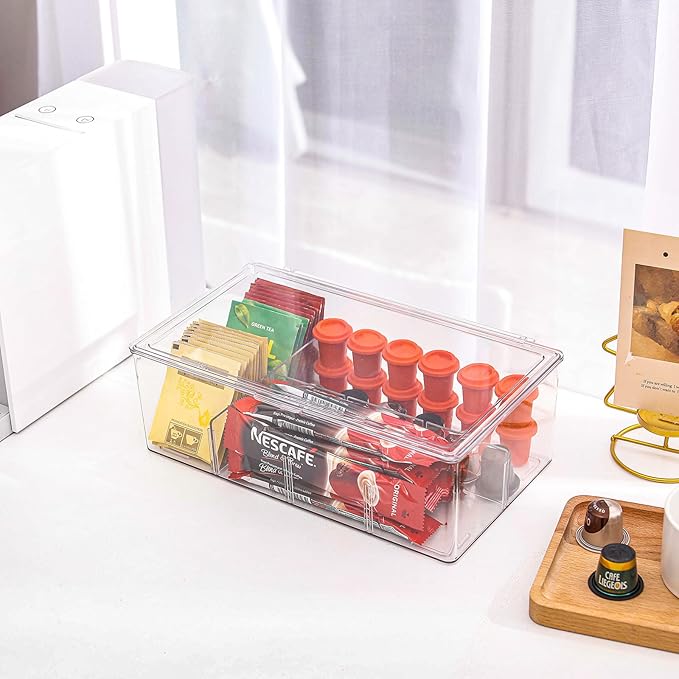 Yesesion Clear Plastic Cord Organizer Box with Adjustment Compartments, Large Cable Management Case with Lid and 10 Wire Ties for Desk Drawer, Home Office, Art Supply, Electronic Accessories (1 PACK)