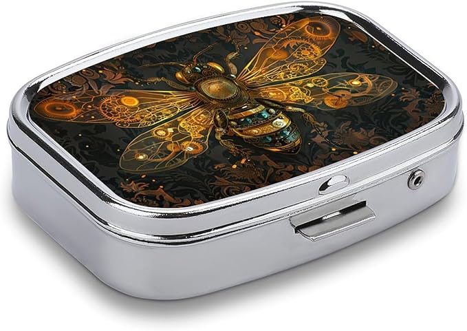 Metal 2 Compartment Pill Organizer Travel Friendly Portable Compact Pill Box Cute Pill Case to Hold Vitamins,Fish Oil,Supplements,Meds,Tablet for Purse,Pocket. (Bee)