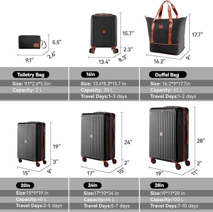 Hoteel 6 Piece Luggage Set with Spinner Wheels (4-YEAR WARRANTY), Carry on Luggage for Travel with TSA Lock, ABS+PC Hardshell Suitcase Set, 16"/20"/24"/28"+Duffel Bag+Cosmetic Bag(Black)