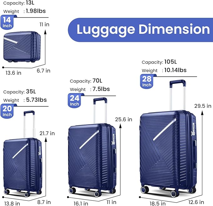 Campfun Luggage 4 Piece Sets, Expandable Carry On Luggage Set Hardshell PP, Suitcase Set with Double Spinner Wheels, Checked Durable Lightweight with TSA Lock, 14in 20in 24in 28in-Blue(B)