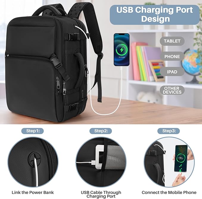 Travel Backpack Carry On Flight Approved, Lightweight Large Travel Backpack, Expandable with USB Charging Hole, Waterproof Causal Bookbag for Travel Work College Fits 17 inch Laptop, Black