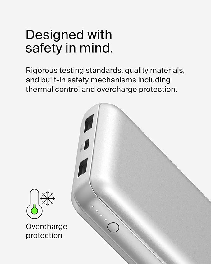 Belkin Portable Charger, USB-C Power Bank 20000 mAh w/ 1xUSB-C Port & 2xUSB-A Ports, 15W w/Type-C to Type-A Cable for iPhone 16, Samsung Galaxy S25, Nintendo Switch 2, Google Pixel 10, etc. - Silver