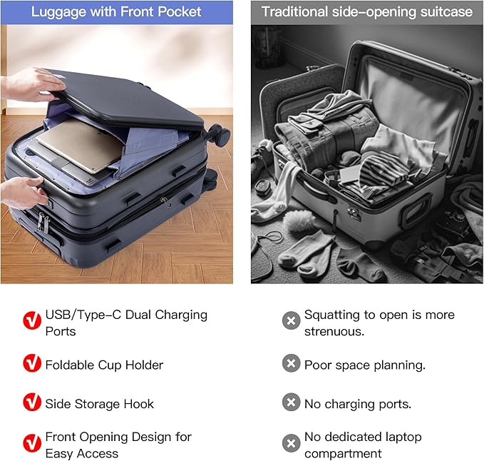 BISON DENIM 20 Inch Carry On Luggage, PC Lightweight Hardside Expandable Carry-On Luggage Airline Approved With Spinner Wheels, Front Compartment, Cup Holde, TSA-approved Lock, USB Port, Dark Grey