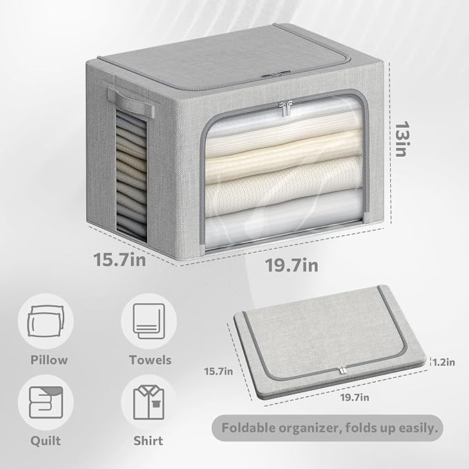 4 Pack Clothes Storage Bins with Metal Frame - Linen Fabric Foldable Stackable Container Organizer Set with Clear Window & Carry Handles & Zippers (Light Grey, 19.7"x15.7"x13")