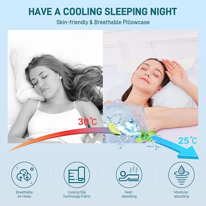 Cervical Neck Pillow - Memory Foam Pillow for Pain Relief Sleeping, Ergonomic Neck Support Contour Pillows for Side Back Stomach Sleepers,Orthopedic Breathable Pillowcase (Blue White)