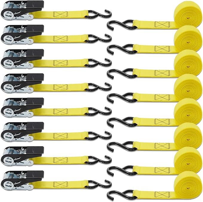 XSTRAP STANDARD Ratchet Tie Down Straps - 8PK - 1'' x 10 ft - 900 LB Break Strength Cargo Straps for Moving Appliances, Lawn Equipment, Motorcycle Yellow