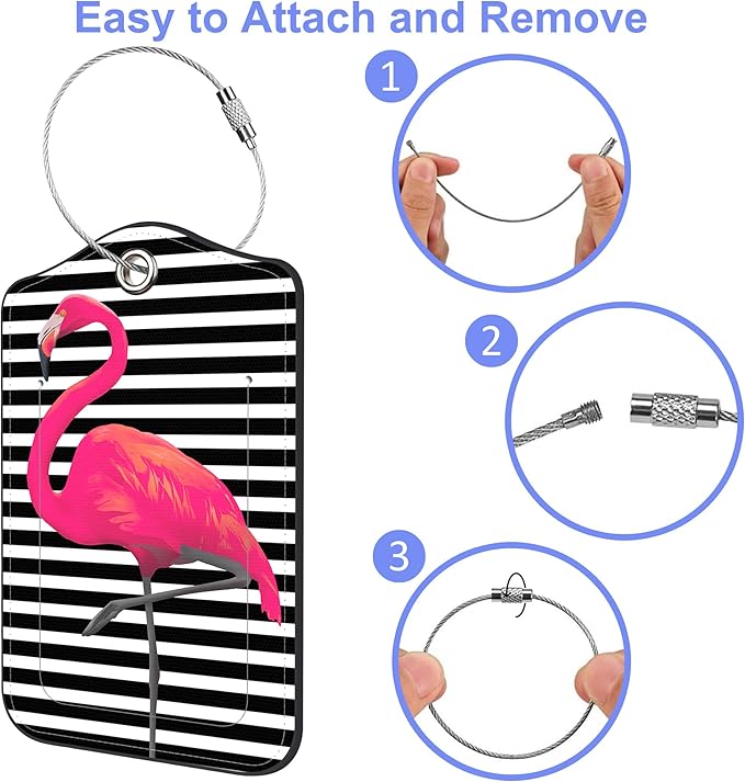 Set of 2 Luggage Tags for Suitcase Pink Flamingos Leather Baggage Tags Set with Stainless Steel Loop Name Address Labels Privacy Cover for Men Women Travel Bag Suitcase, 4.6 x 2.7 inch