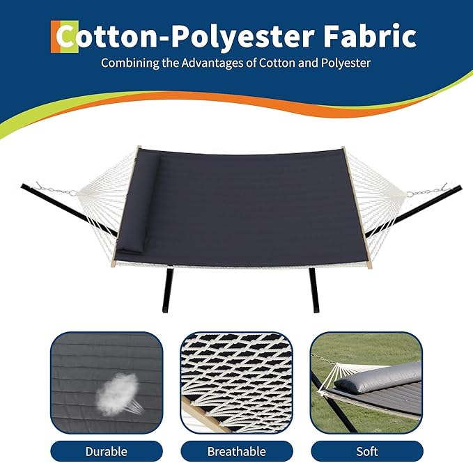 Hammock with Stand for Outside, 2 Person Portable Hammock with Breathable Cotton Rope & Quilted Pad, 475 Lbs Capacity, Perfect for Outside, Patio, Garden, Beach, Backyard
