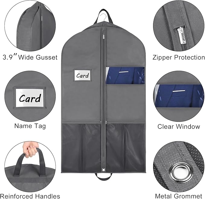 Zilink 43" Suit Bags for Closet Storage and Travel Gusseted Hanging Garment Bags for Men Suit Cover for Travel with Handles for Coats, Jackets, Shirts,Dresses, Grey