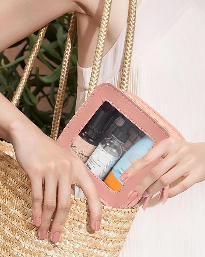 2 Pcs Clear Makup Bag Set, Clear Cosmetic Bags with Zipper Waterproof Small Travel Cosmetic Case Cute Make Up Pouch Mini Car Essentials for Women Travel Car Organizer (Pink Set)