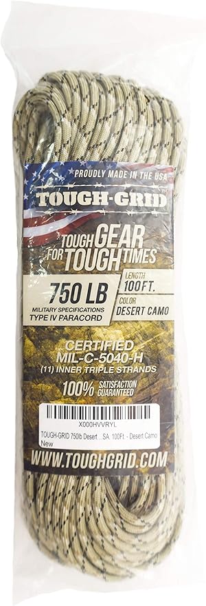 TOUGH-GRID 750 Paracord Rope Nylon Parachute Cord, Made in USA Survival Kit, Outdoor Adventures, Camping, Tactical Gear & Emergency Supplies, Military Type IV Mil-Spec