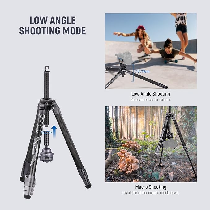 NEEWER LITETRIP LT32 62" Travel Tripod Carbon Fiber with ±15° Leveling Base, Detachable Center Axis, Fast Flip Buckle, 360° Pan Arca Type QR Plate Compatible with Peak Design Capture V3 (Former TP62)