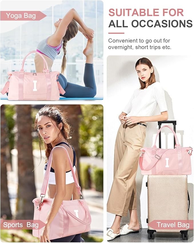 Initial Travel Duffel Bag Sports Gym Bag for Girls Teen Birthday Gifts,Pink Personalized Weekender Bag Carry On Tote Bags for Women Men,Waterproof Overnight Luggage Bag with Trolley Sleeve(Letter I)