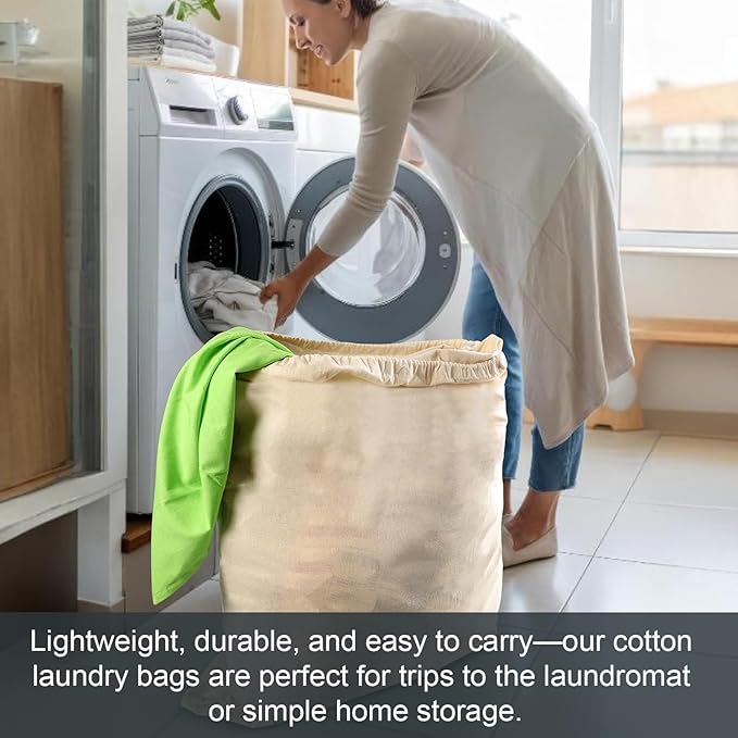 Vintage Vista 100% Cotton Laundry Bag with Drawstring Closure (Set of 4) - Reusable & Washable Travel Laundry Bags for Dirty Clothes - Canvas Drawstring Bags - Laundromat Bag Multipack (Natural Color)