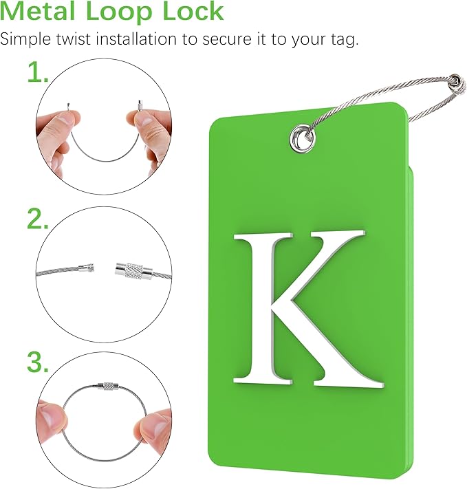 Gostwo 2 Pack Luggage Tags for Suitcases, 26 Initial Letter Travel Luggage Baggage Identification Labels ID Tag Fully Bendable Tags with Stainless Steel Loop (Green) (Letter K)
