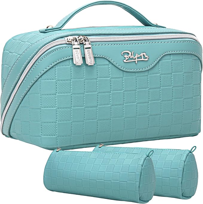 BOYATU Travel Makeup Bag Organizer Cosmetic Bag: 3 Pcs Set Make up Bags for Women with Handle - Waterproof Vegan Leather Toiletry Bags with Comparments (C-03-Blue)
