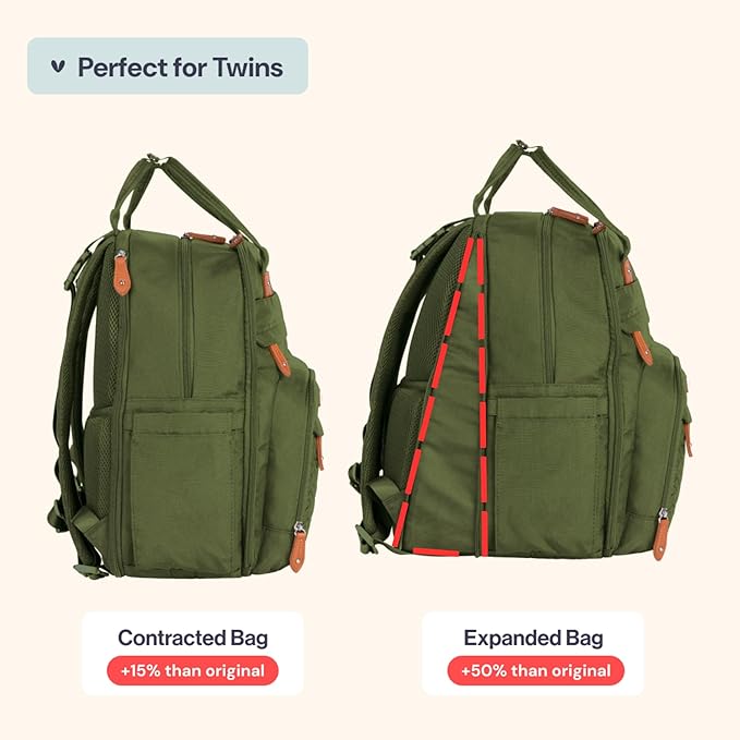 BabbleRoo Extra Large Diaper Bag Backpack, Expandable Baby Bag with Up to 50% More Capacity - Travel Essentials Baby Bag Tote with Changing Pad, Stroller Straps & Pacifier Case - Unisex, Forest Green