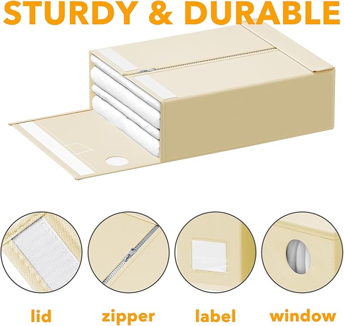 SpaceAid 12 Pack Bed Sheet Organizers and Storage, Foldable Organizer for Linen Closet, Set Folder Keeper With Window XL (Queen & King Size) Bedding Container (Beige)