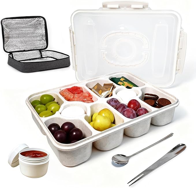 10-Compartment Insulated Snackle Box with Thermal Bag&Cover-Portable Divided Serving Tray,Dishwasher Safe,Clear Lid & Handle-Storage for Fruits bento Nuts, food storage,small tableware（white）