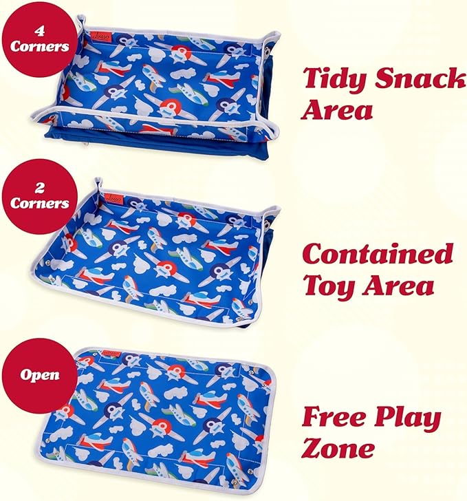 Lusso Gear Kids Airplane Tray Cover with Pockets - Airplane Essentials for Toddlers - Kids Travel Tray for Plane or Train - Organize Toys, Snacks - Tablet Holder - Flying Must Have (Dinos)