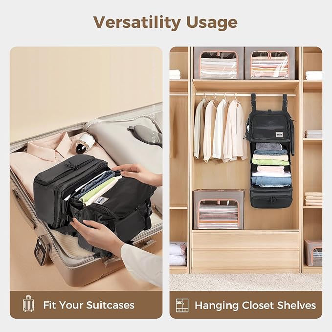 Hanging Packing Cubes for Travel – Portable Closet Organizer with Shoe Compartment, Compression Travel Shelves for 24–32 Inch Suitcases, Foldable Carry-On Packing System