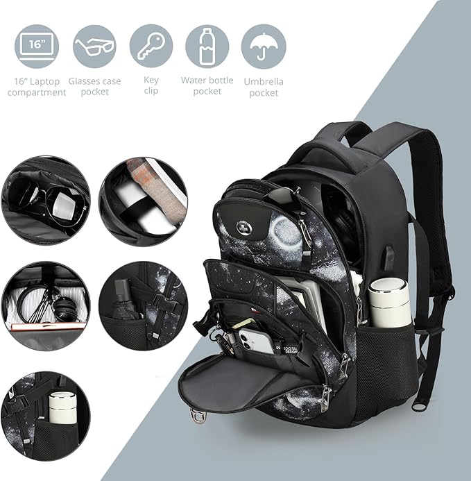 Swissdigital Laptop Backpack with USB Charging Port, Travel Backpack Fits 15.6 inches Computer, 31L Backpack for Men, Starry Sky | SD803