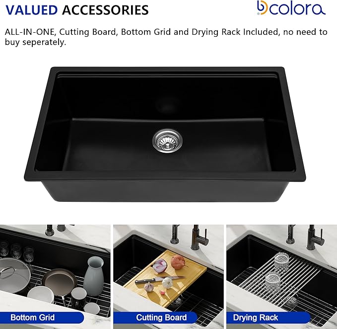Dcolora 33 inches Granite Composite Kitchen Sink Workstation Black Undermount Single Bowl Large Kitchen Sink 33"W x 19"D x 10"H, DC-GU7743