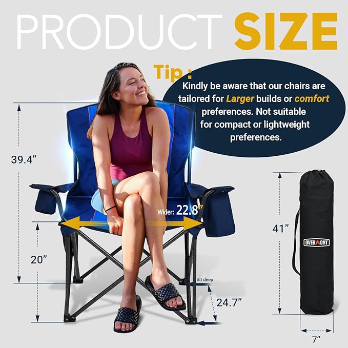 Overmont Oversized Folding Camping Chair - 450lbs Support with Padded Cushion Cooler Pockets - Heavy Duty Collapsible Chairs for Sports Garden Beach Fishing