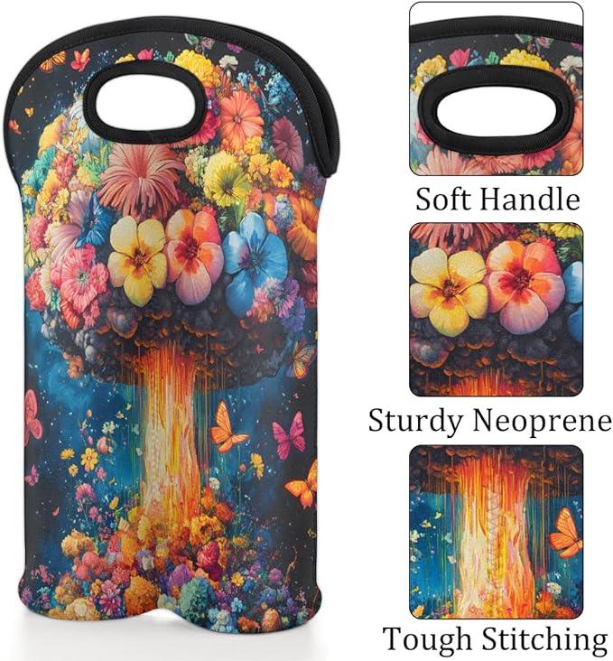 Neoprene Wine Tote, Bottle Carrier Gag Insulating Neoprene Thicker, Insulated Wine Bag for Travel Holds Two Bottles, Bottle Carrier Bags Protect the Bottles, Mushroom Flower