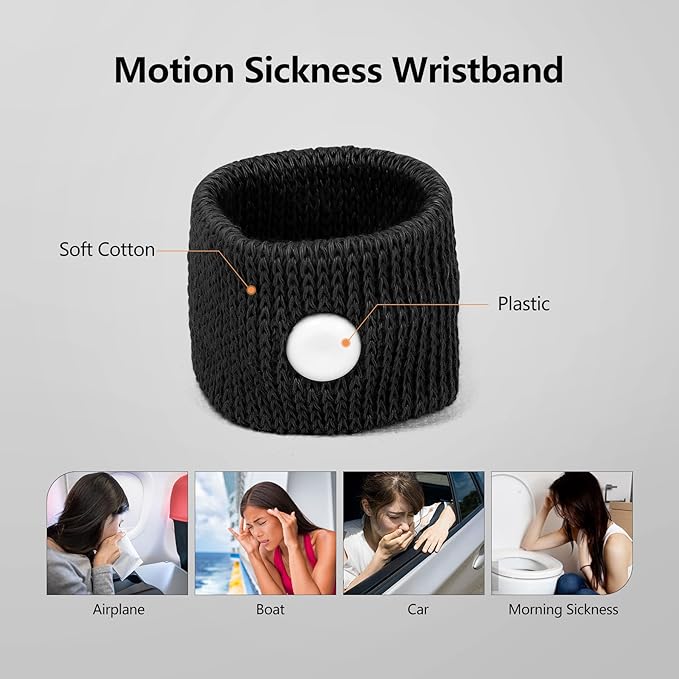 Cozyhealth Motion Sickness Wristband, Anti-Nausea Acupressure Wrist Band for Nausea Relief, Dizziness and Vomiting from Car Boat Flying Travel Sickness (Black, 2 Pairs)