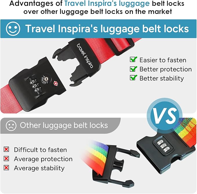 Travel Inspira Luggage Straps for Suitcases with TSA Lock, Protect Your Luggage Anti-Burst, High Visibility Color, Easy to Identify Luggage Adjustable Heavy Duty Belt for 20-32 Inch Suitcases
