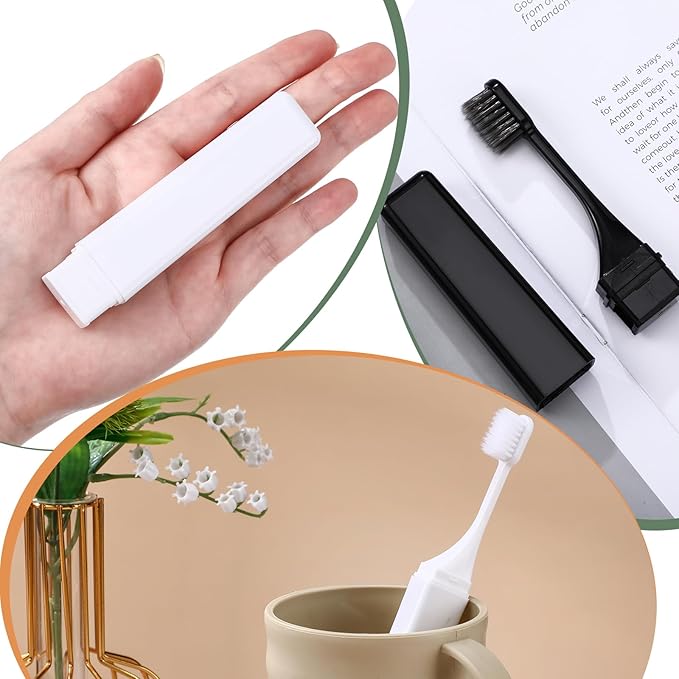 Patelai 2 Pieces Travel Toothbrush Set, Soft Bristle Mini Foldable Tooth Brush with Case, Individually Wrapped Small Portable Travel Size Toiletries Stuff for Camping (Black and White)