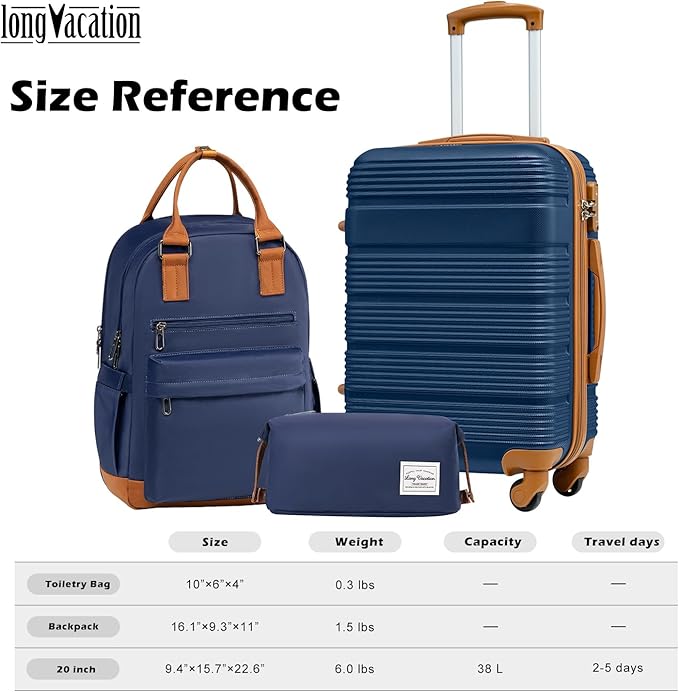 LONG VACATION 3 Piece Carry On Luggage 20 Inch Suitcase with Spinner Wheels, ABS+PC Hardshell Suitcase set with TSA Lock & YKK Zipper