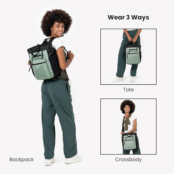 Sherpani Soleil, Anti Theft Convertible Backpack, 3 in 1 Tote Bag, Cross Body Purse, 18L Travel Backpack, Travel Gifts for Women, RFID Protection, Metal Hardware Fits 13” Laptop (Aloe Mist)