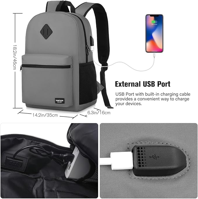 17 Inch School Backpack,Unisex Classic Bookbag Teens Schoolbag with USB Port for High School College Office Work Travel
