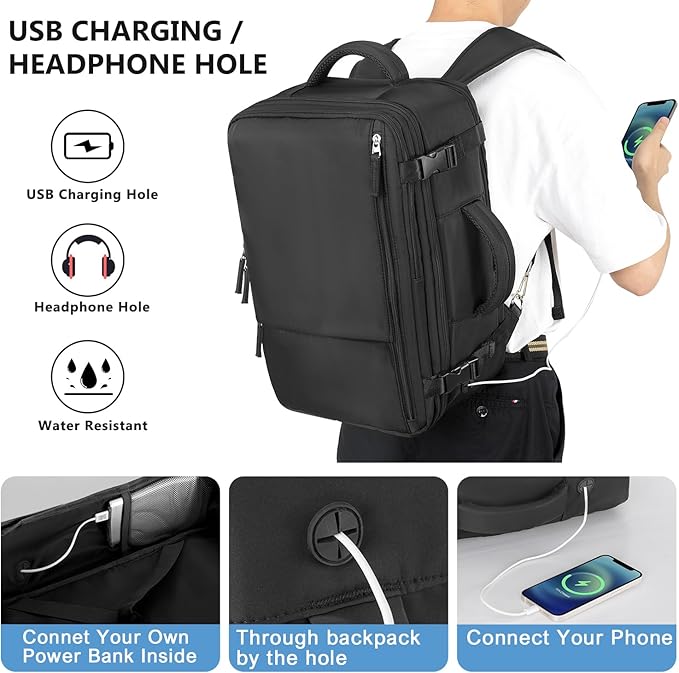 Travel Backpack for Women, Large Carry On Backpack for Travel, Waterproof Backpack Personal Item, Backpack for Women, laptop backpack 17.3 inch, College Bag Casual Daypack, Black