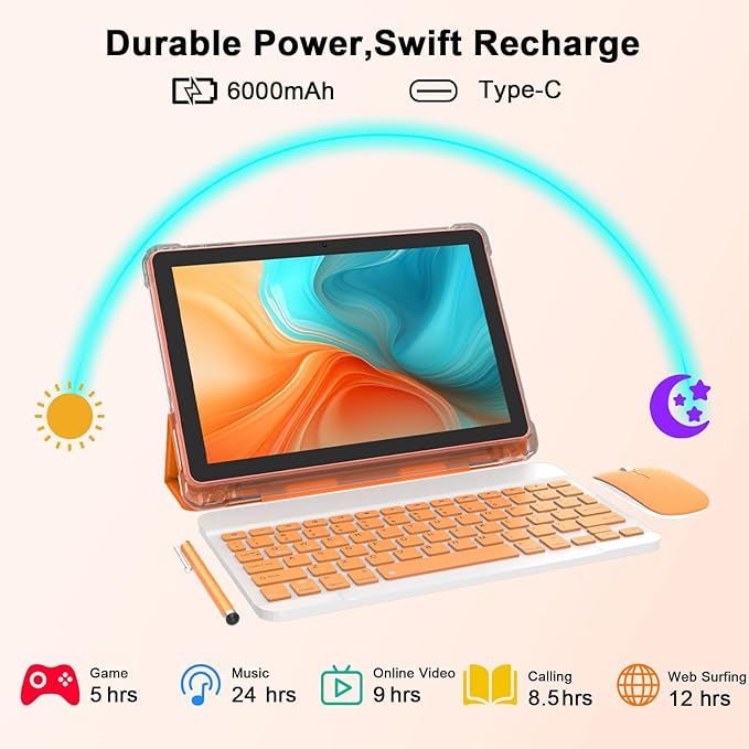 Android 15 Tablet 10 Inch, 2 in 1 Tablets with Keyboard/Mouse/Case/Stylus, 20GB RAM+128GB ROM/ 2TB Expand, 2.0Ghz Quad-core Processor, 1280 * 800 HD Touch Screen, 8MP Camera, 6000mAh Battery, 5G WiFi