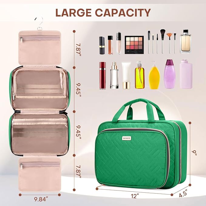 Toiletry Bag for Women with Jewelry Organizer Compartment, Travel Makeup Cosmetic Bag with Hanging Hook for Full-sized Toiletries, Shampoo - Green