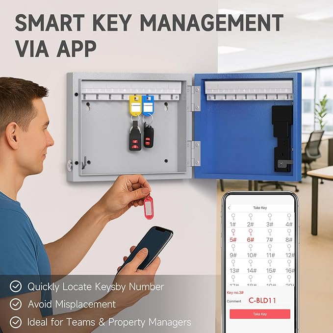 WeHere 16 Key Lock Box Wall Mount, Smart Key Cabinet with Key Tags, Bluetooth App Control, OTP & Password Unlock, Wi-Fi Remote Unlock (Bridge Sold Separately), Steel Key Safe for Office Home Business