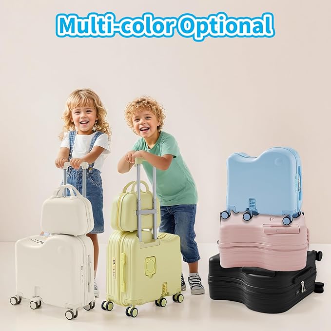 TABU Ride-on Luggage with Handbag for Kids，Hardshell Carry On Suitcase with Hidden Cup Holder, Foldable Pedal,Type-C & USB Interface, TSA Lock, 6-Spinner Wheels, Yellow