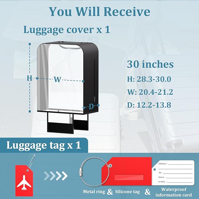 Upgraded Clear TPU Luggage Cover Protector with Black Stretchable Sides, Fit 30 Inch Travel Suitcase TSA Approved, Waterproof & Anti-Scratch, Includes Free Red Luggage Tag