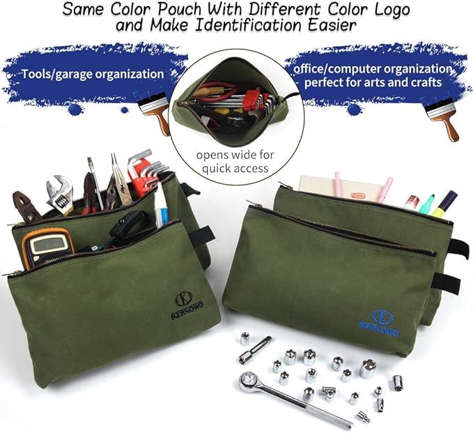 KERNOWO 4 Pack Upgrade Zipper Canvas Tool Pouch, 20 oz Heavy Duty Tool Bag, Water Resistant Utility tools Organizer, 12.75 X 8 X 2.25 inch Spacious Storage Pouches with Dependable Brass Zippers