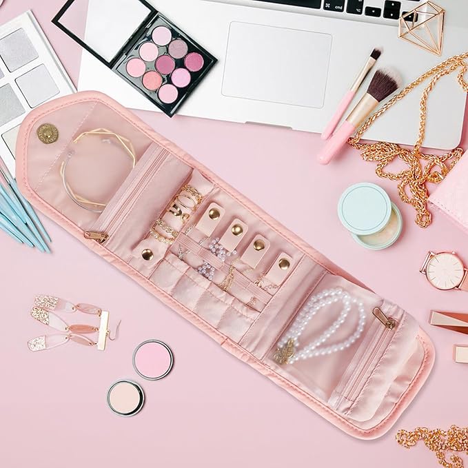 emissary Small Jewelry Travel Case Organizer for Necklace, Earrings, Rings, Bracelet, Jewelry Storage, Earring Storage, Necklace Storage, Valentines Day Gifts Pouch Bag Accessories for Travel (Pink)