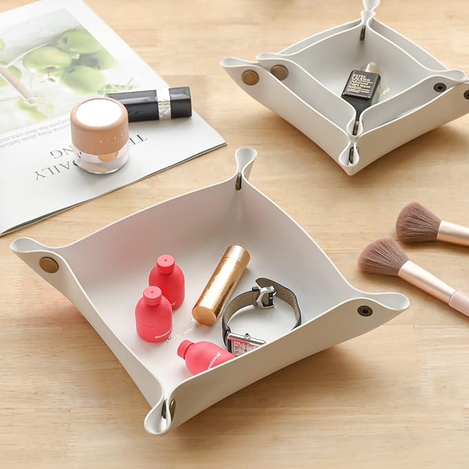 Leather Valet Tray, Premium Catchall Trays, Jewelry Trays, Decorative Desk Organizer,Folding Travel Organizer,Office/Home Organization Trays (Large Medium and Small, 3PCS)(White)