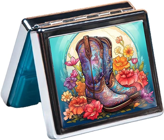 Silver Vintage Pill Box 7 Day Metal Pill Box with Mirror and 8 Compartments Cute Travel Pill Organizer for Purse (Western Boots)