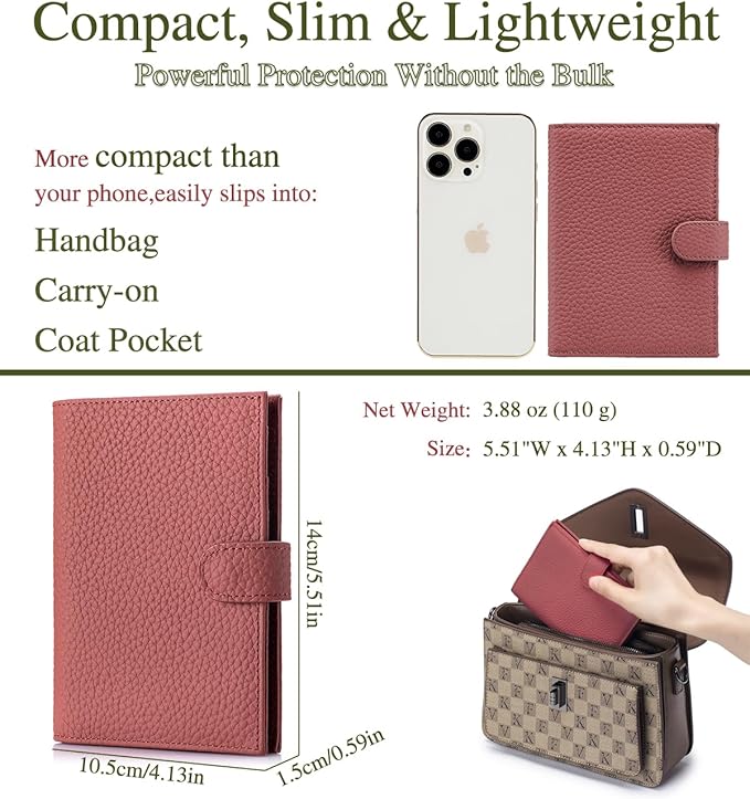 Slim RFID Passport Wallet for Women – Leather Travel Passport Holder for Men with Passport Slot & Card Slots, Zippered Coin Pocket & Cash Holder Travel Organizer Brick Red