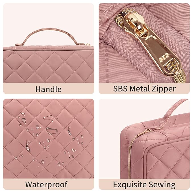 CUBETASTIC Travel Toiletry Bag, Makeup Bag for Women, Small Hanging Travel Bag for Toiletries with 3 Compartment, Portable Cosmetic Organizer Case, Water-resistant, Pink